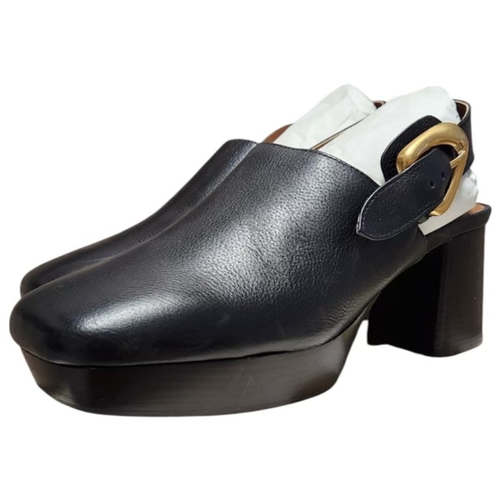 AEROSOLES Black Leather Slingback Platform Mules with Gold Buckle - Picture 2 of 14